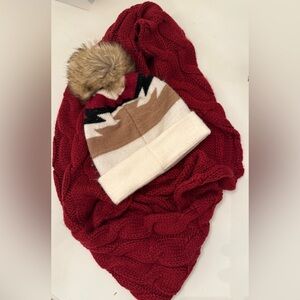 C.C Hat and Chunky Scarf and Beanie Geometric Pom Beanie  Bundle- Burgandy